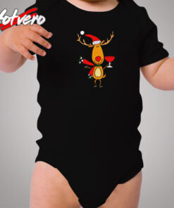 Funny Reindeer Drinking Wine Christmas Cartoon Cozy Baby Onesies